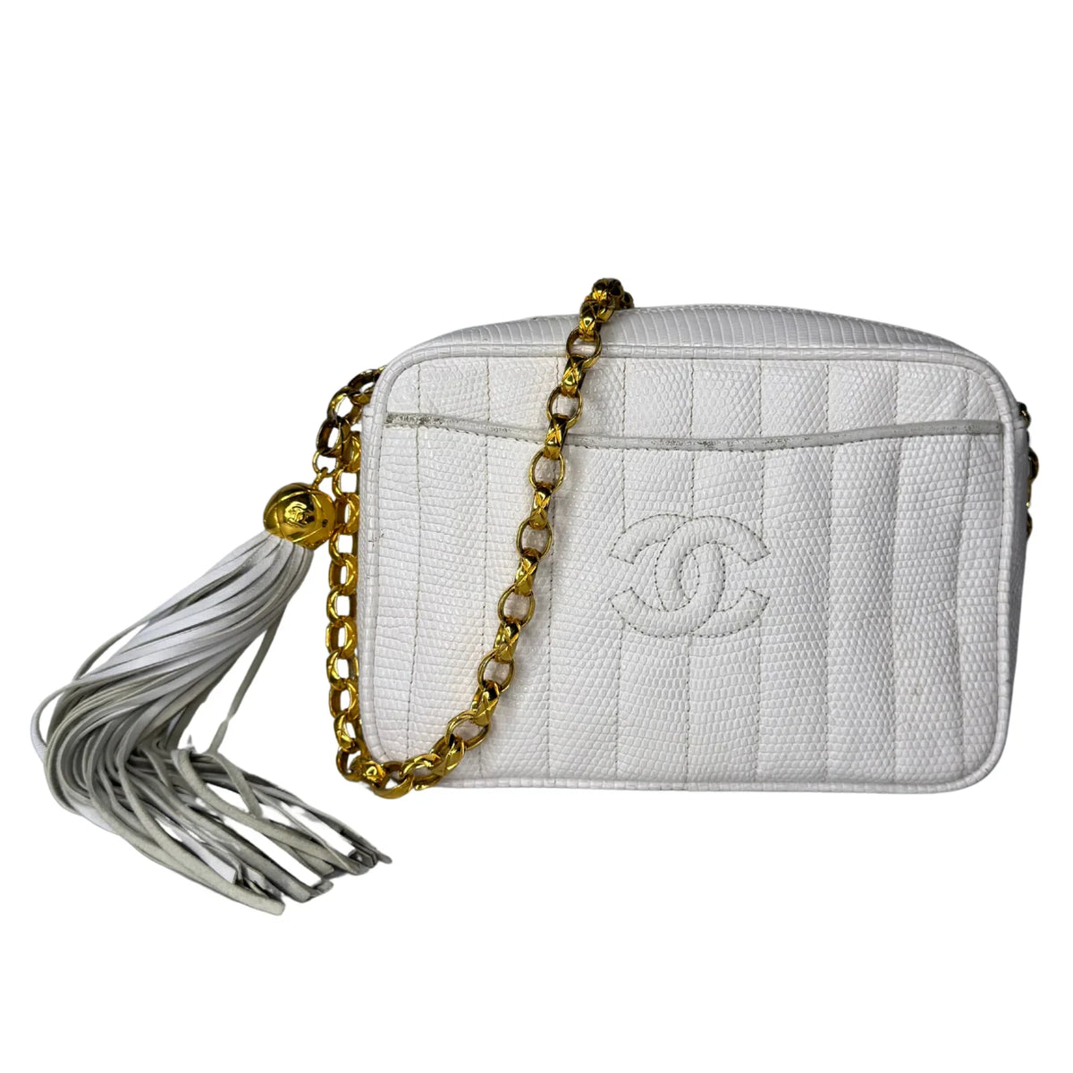 Chanel Vintage White Lizard Tassel Camera Crossbody Bag - Lost Designer