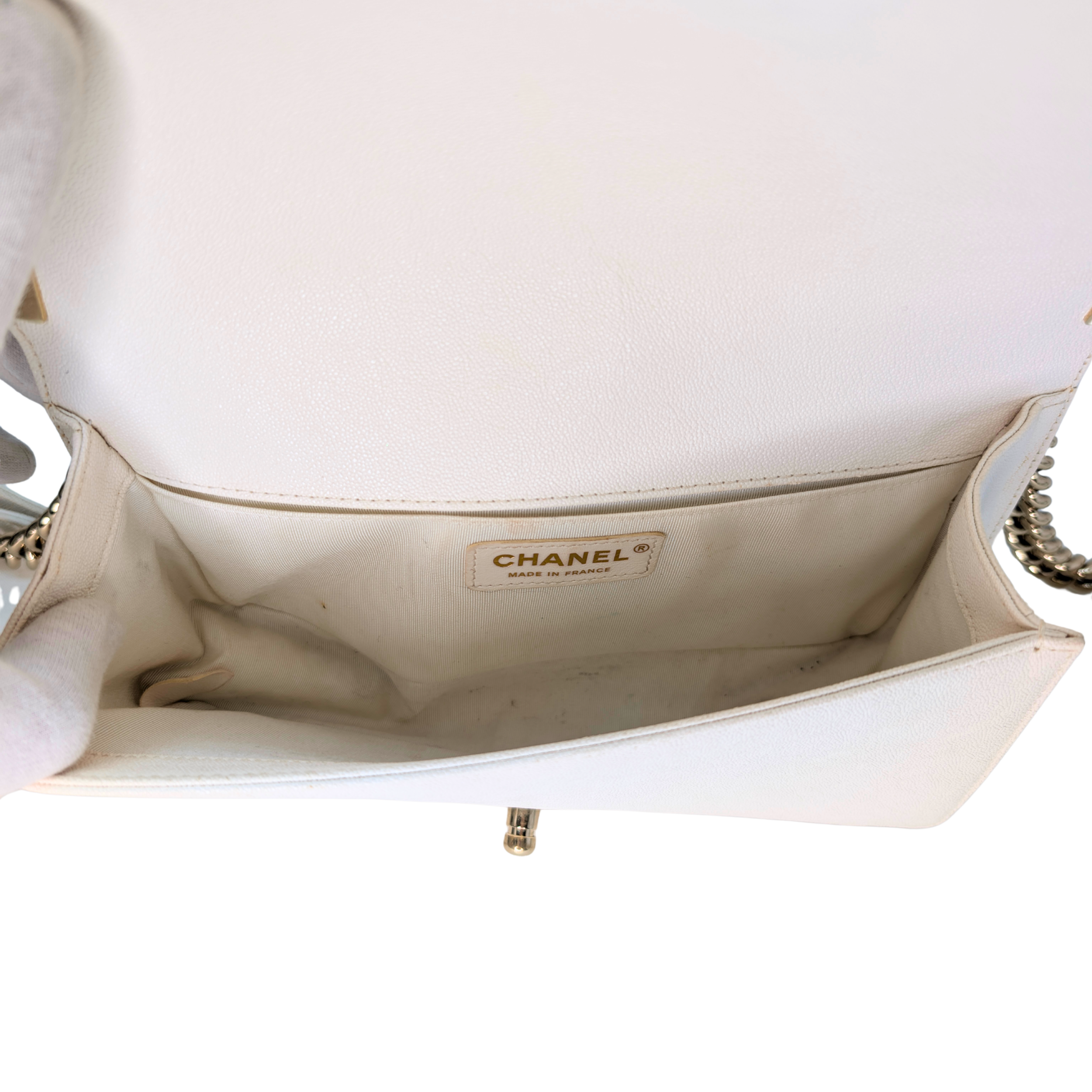 Chanel Caviar Chevron Quilted New Medium Boy Flap White