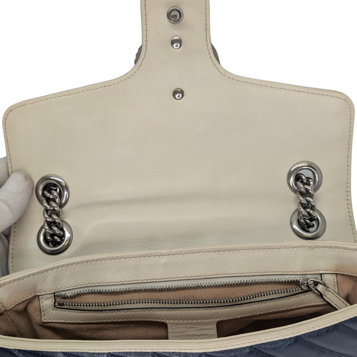 Gucci GG Marmont Matelassé Torchon Flap Crossbody Bag Navy White