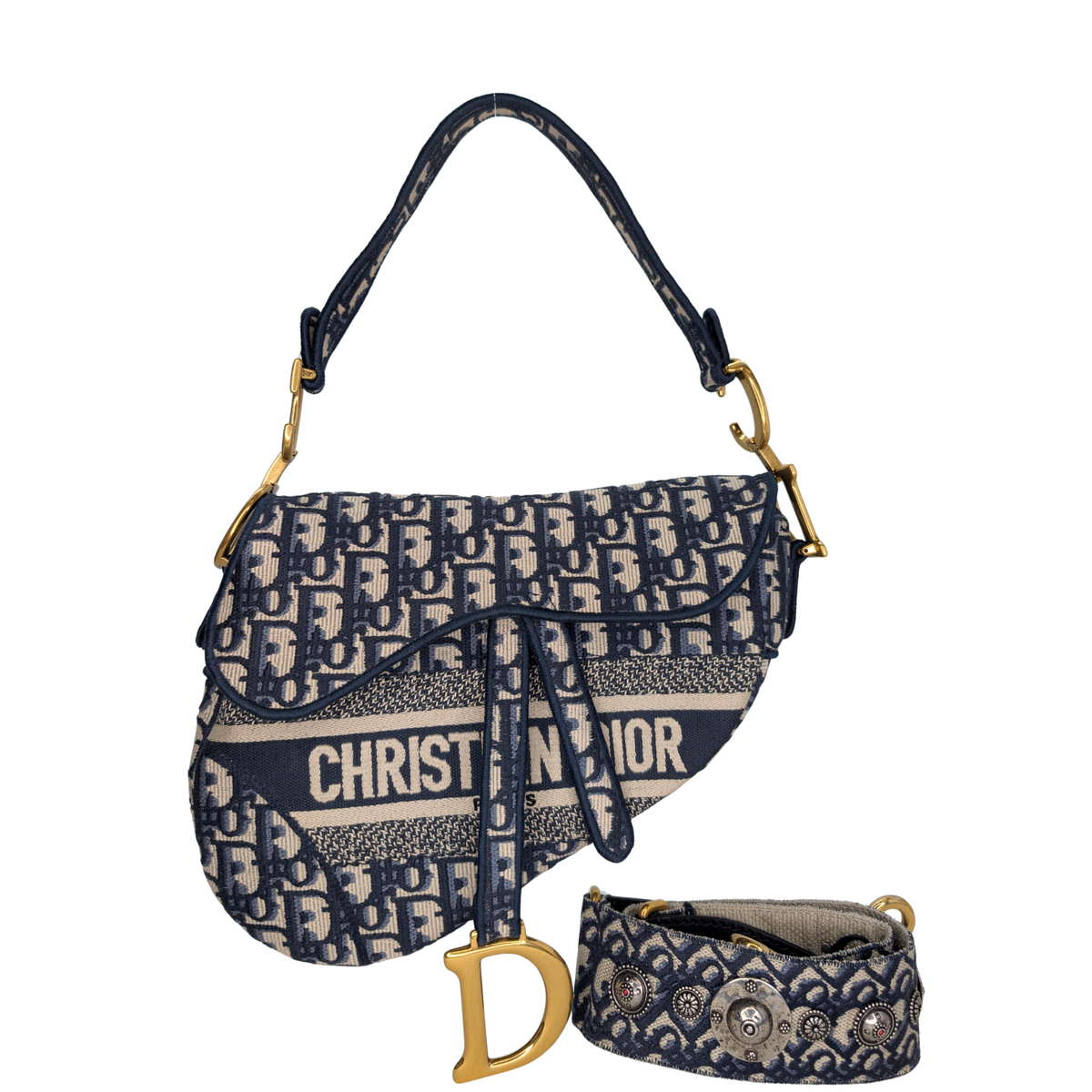 Dior 中号马鞍包 海军蓝 Oblique 花纹 配肩带