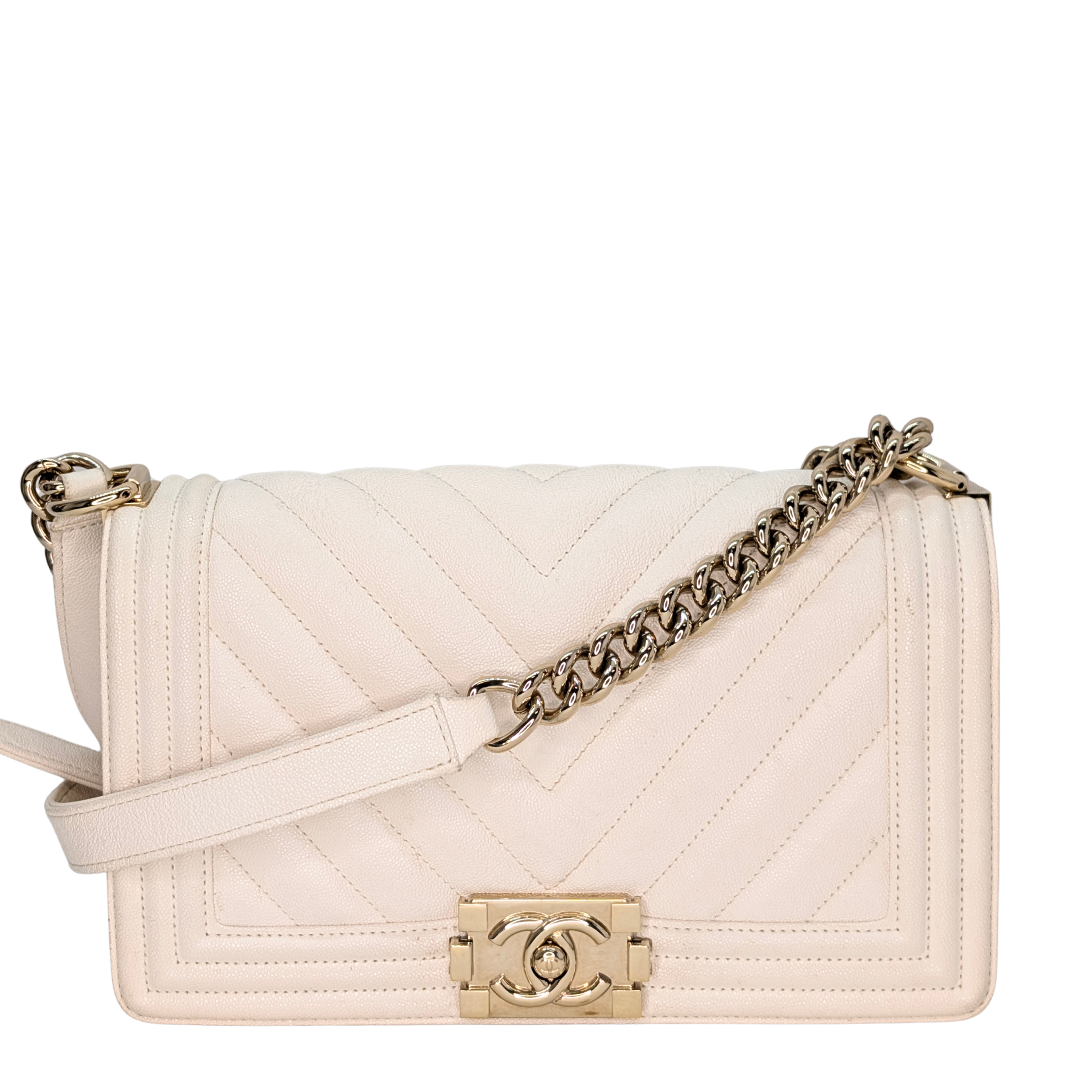 Chanel Caviar Chevron Quilted New Medium Boy Flap White