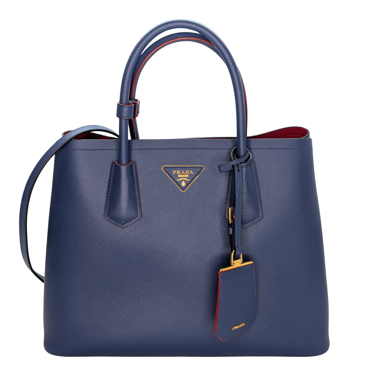 Prada Saffiano Cuir Double Bag Medium Navy