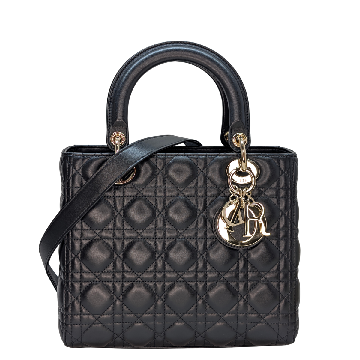 迪奥中号黑色 Lady Dior 藤格纹手袋