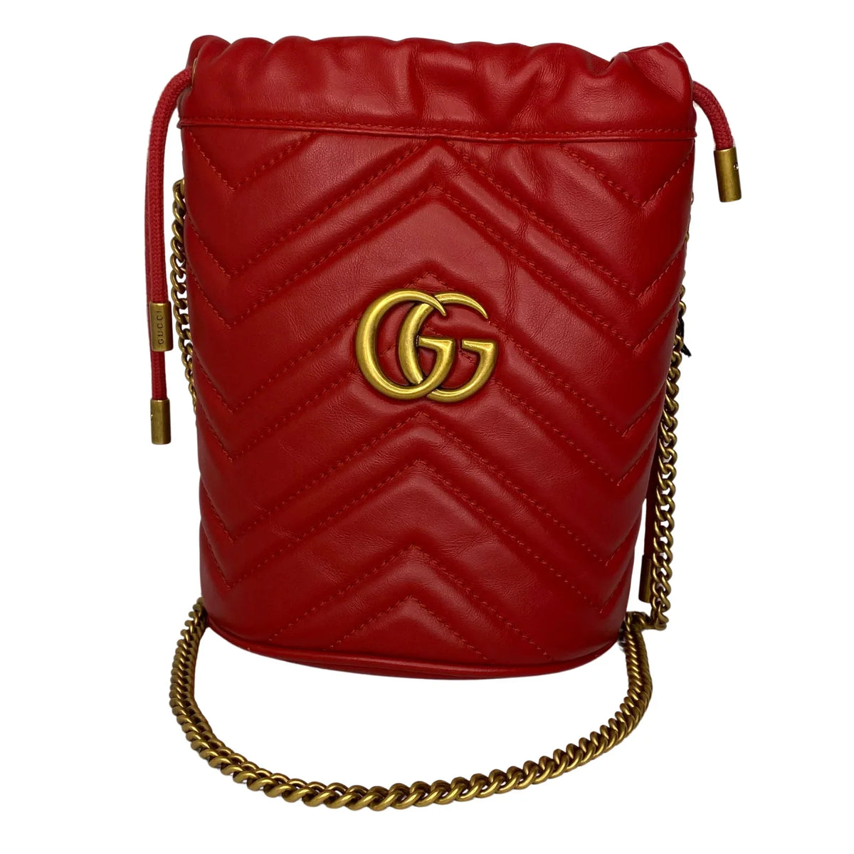 Gucci Calfskin Matelassé Mini GG Marmont Bucket Bag – Hibiscus Red - Lost Designer