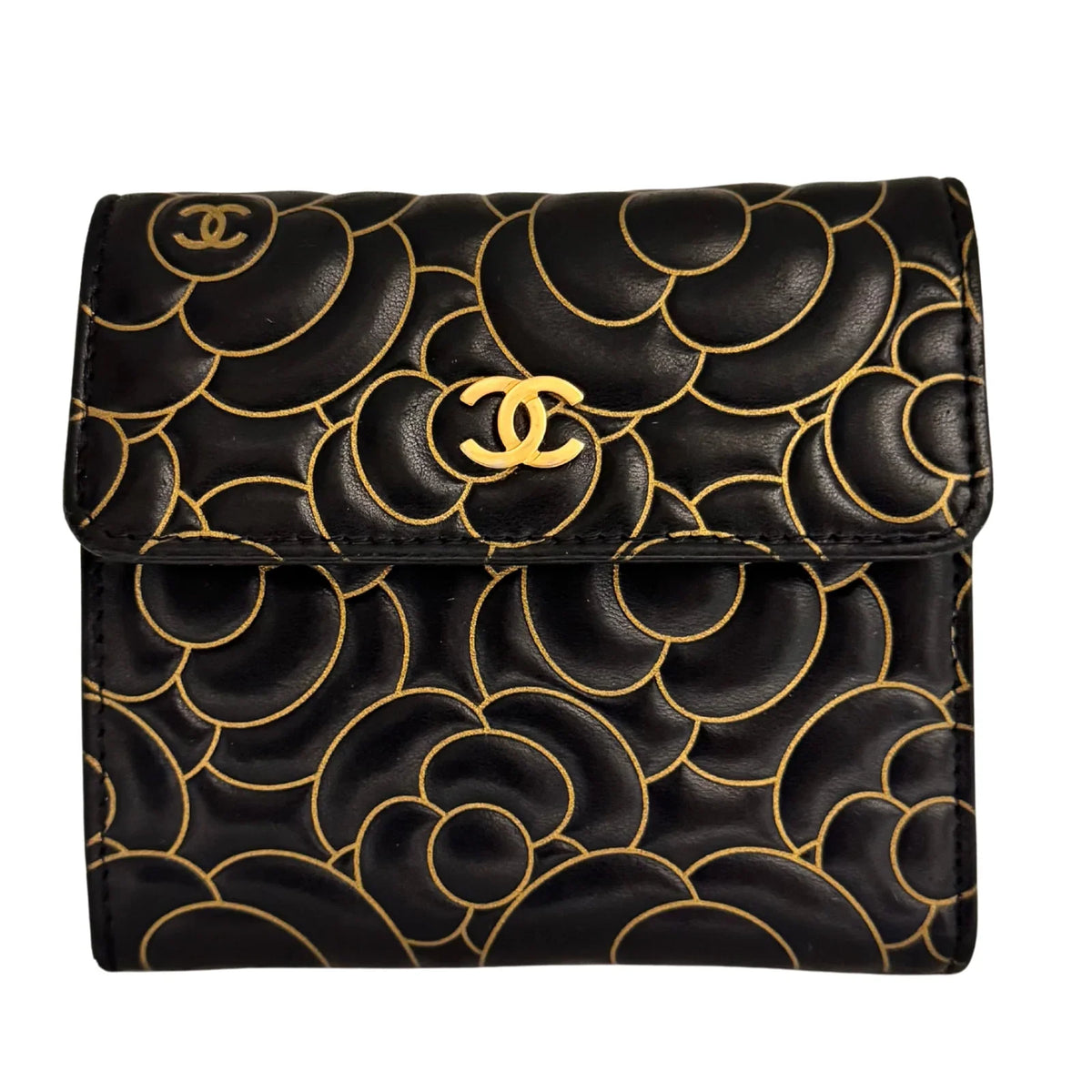 Chanel Lambskin Camellia Embossed Wallet in Black & Gold - Lost Designer