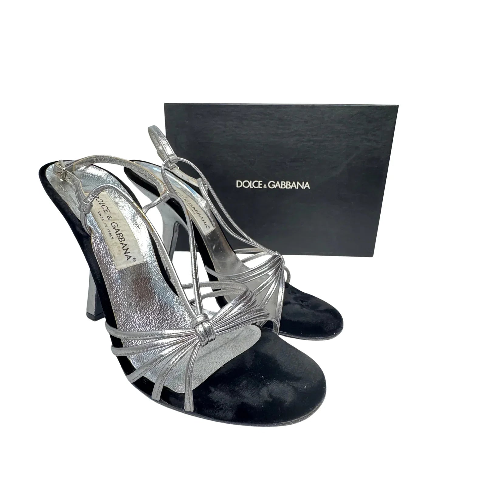 DOLCE & GABBANA Silver Metallic & Black Velvet Strappy Heels - Size 39.5 - Lost Designer
