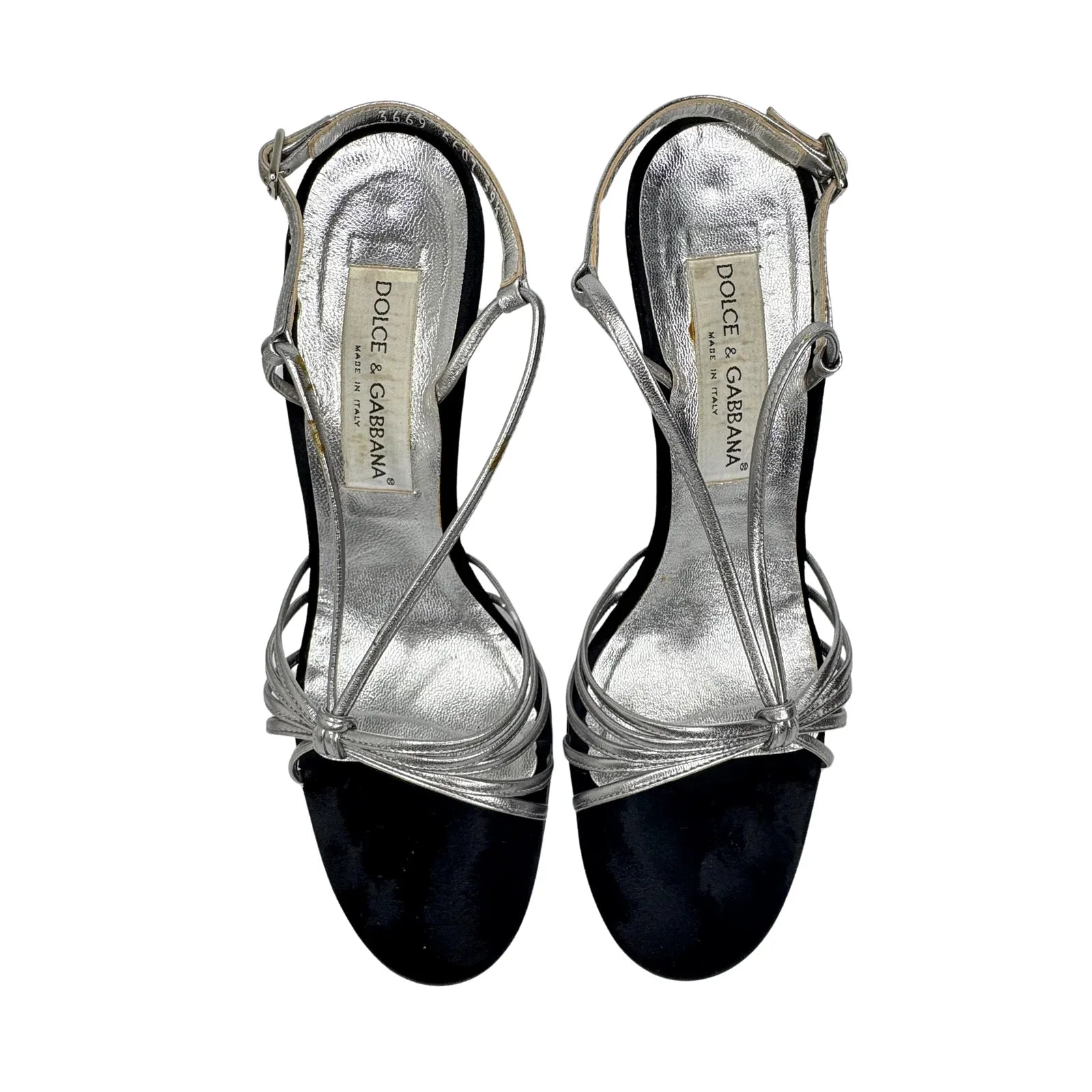 DOLCE & GABBANA Silver Metallic & Black Velvet Strappy Heels - Size 39.5 - Lost Designer