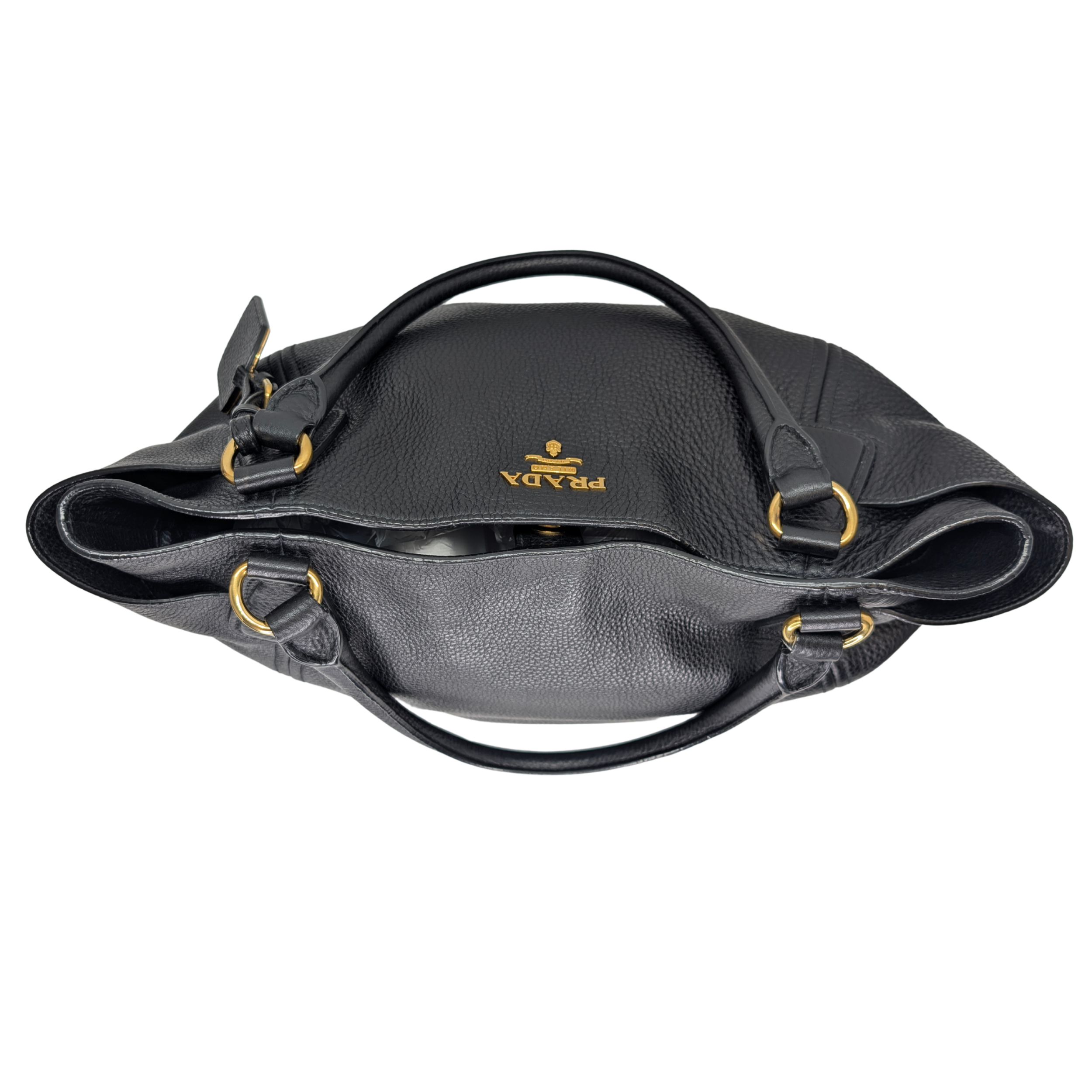 Prada Vitello Daino Side Pocket Leather Tote Bag Black