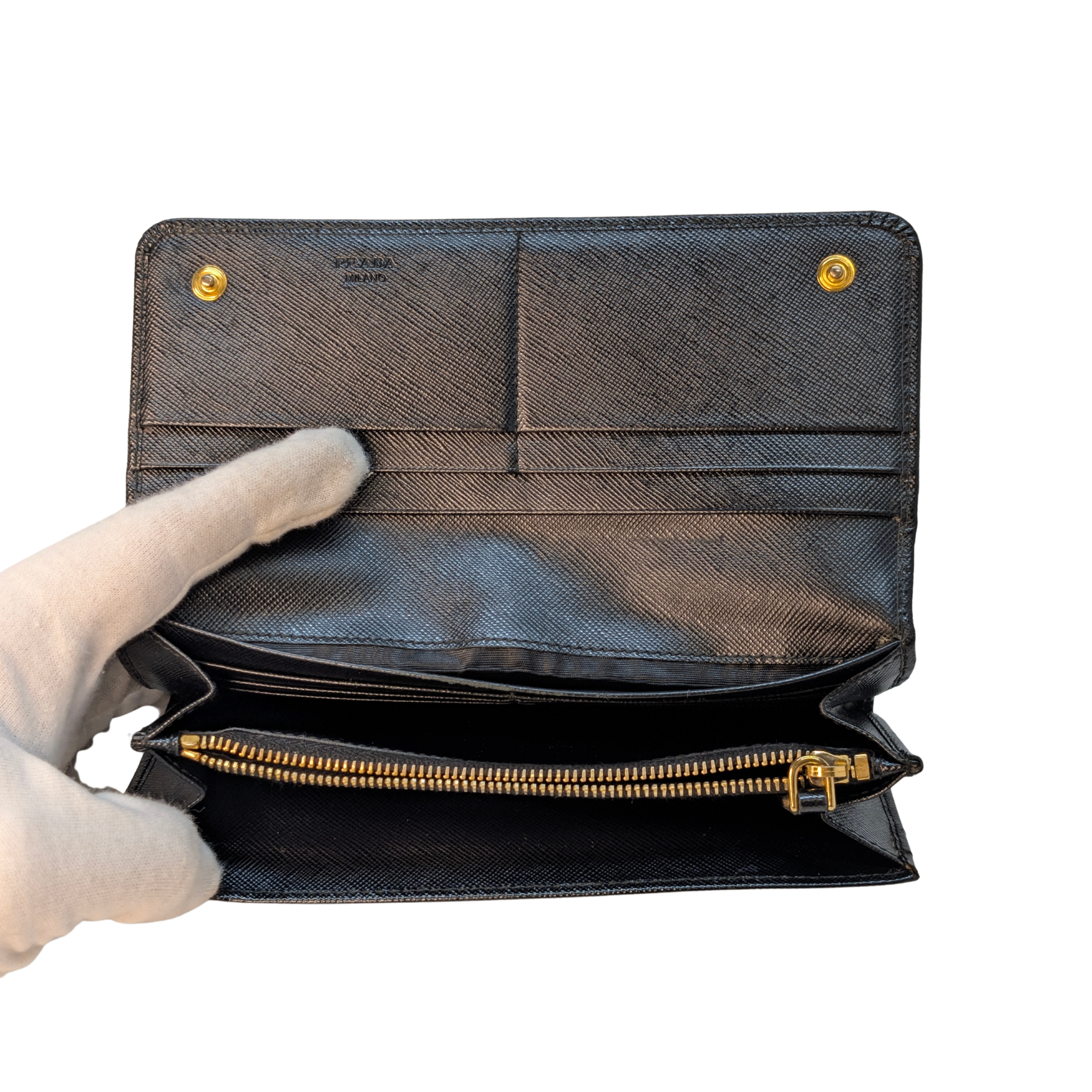 Prada Saffiano 皮革长款钱包 黑色