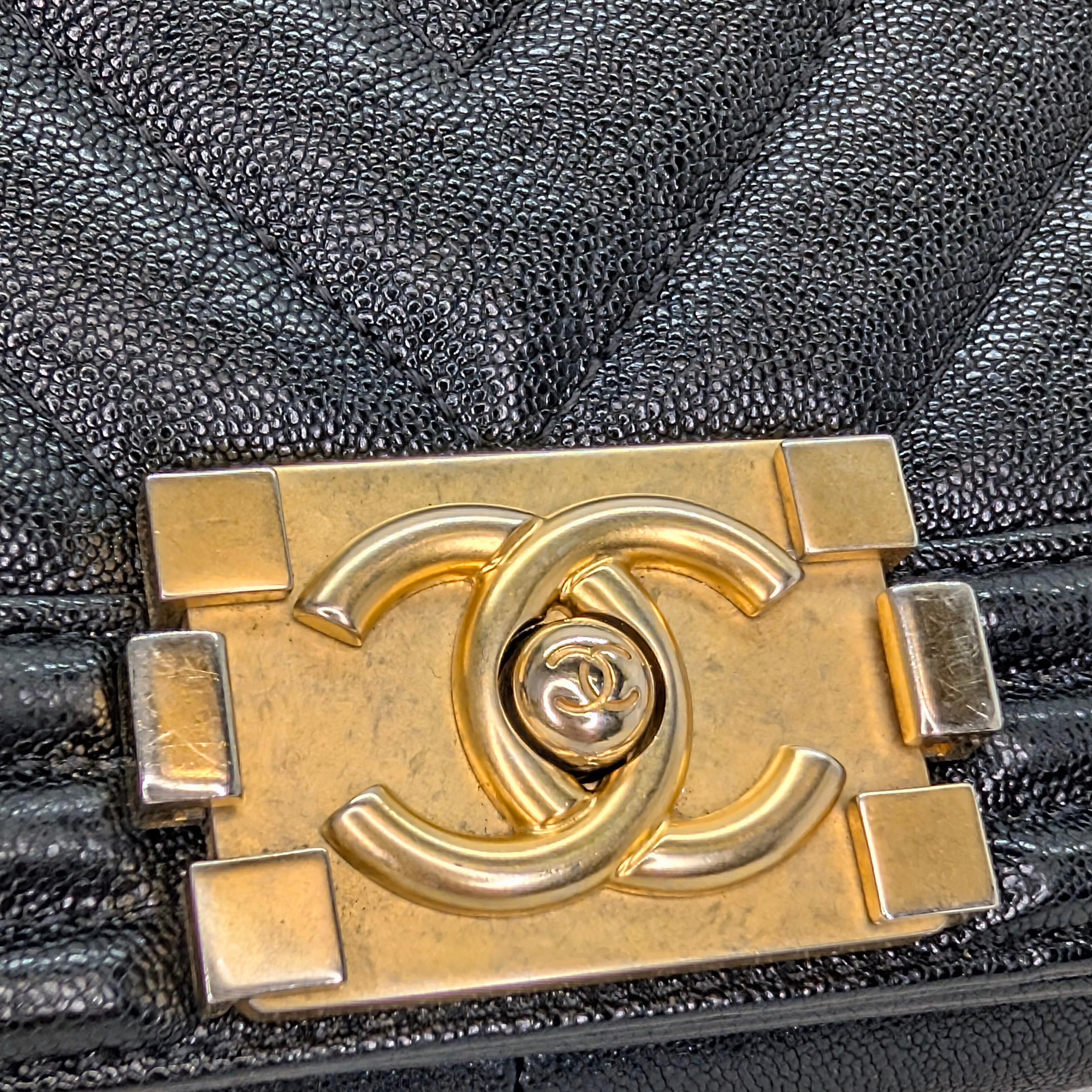 Chanel Old Medium Boy Bag Chevron Caviar Black GHW