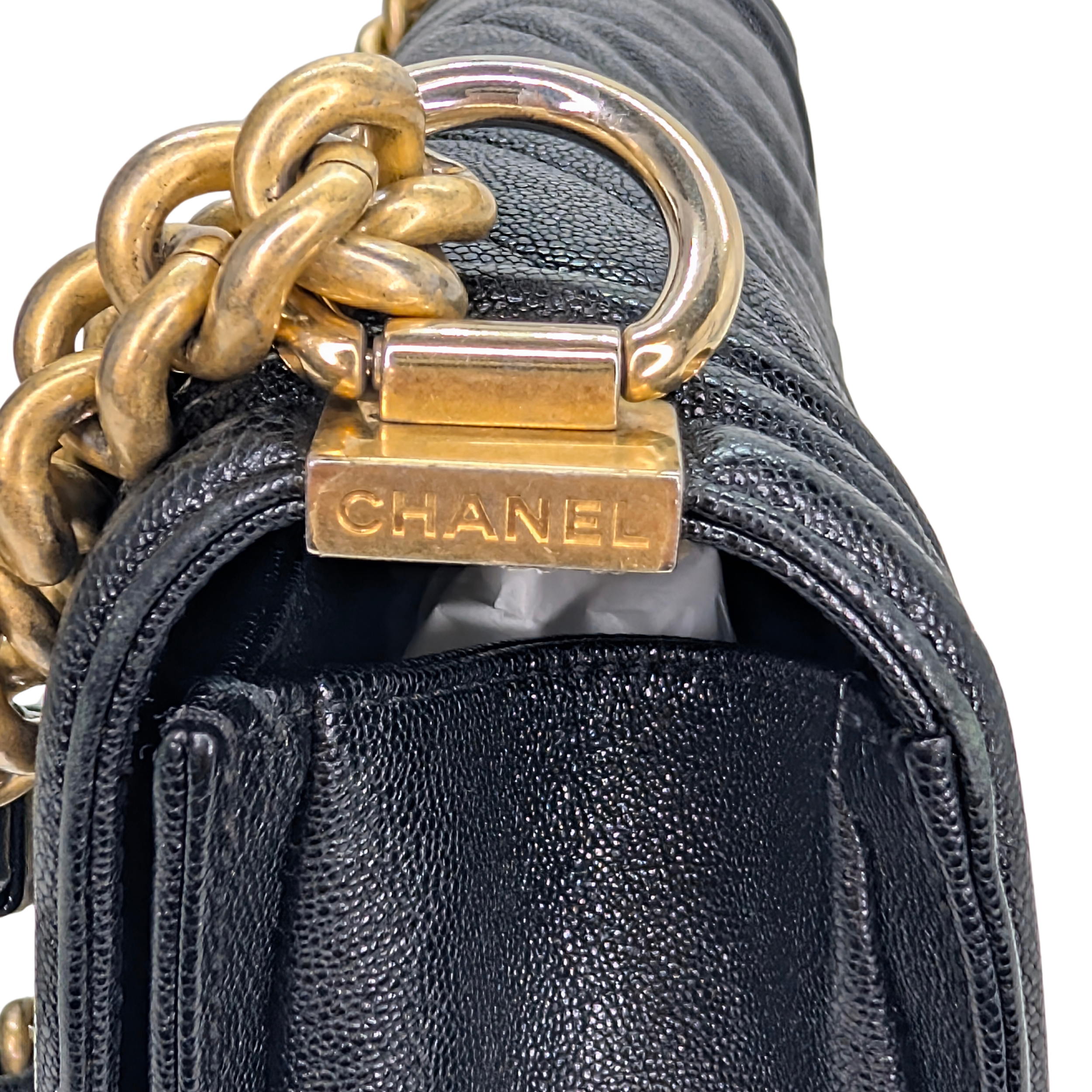 Chanel Old Medium Boy Bag Chevron Caviar Black GHW