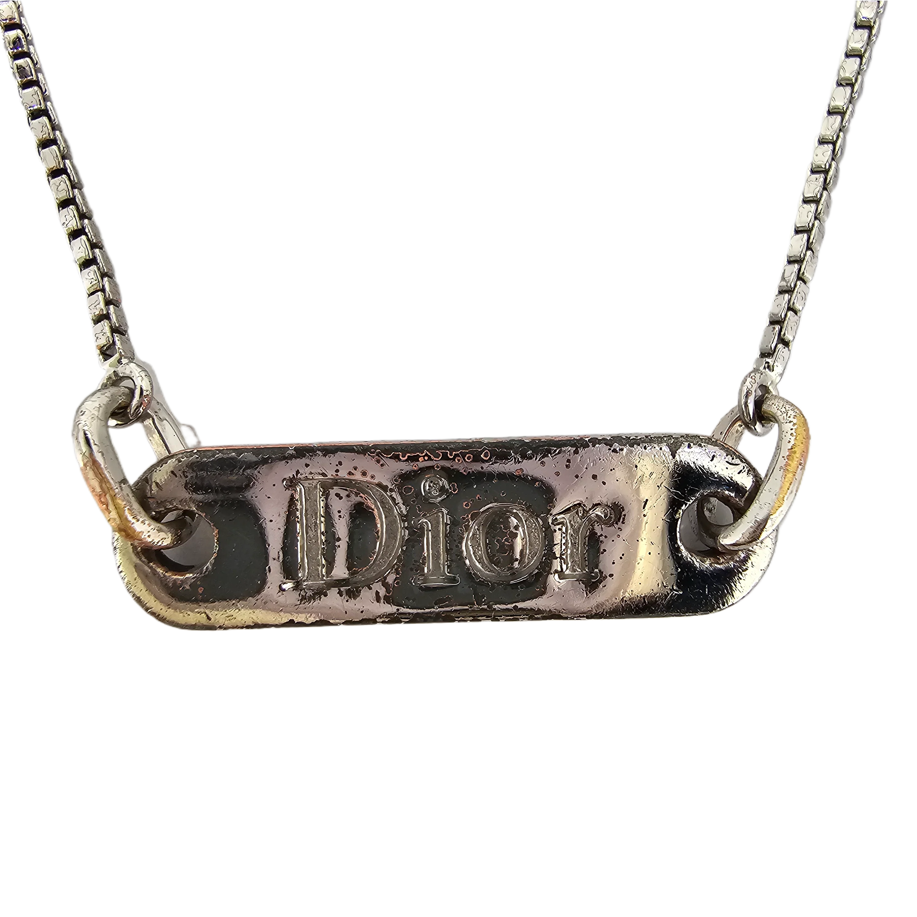 Dior Silver Brass And Enamel Logo Plate Pendant Necklace - Lost Designer