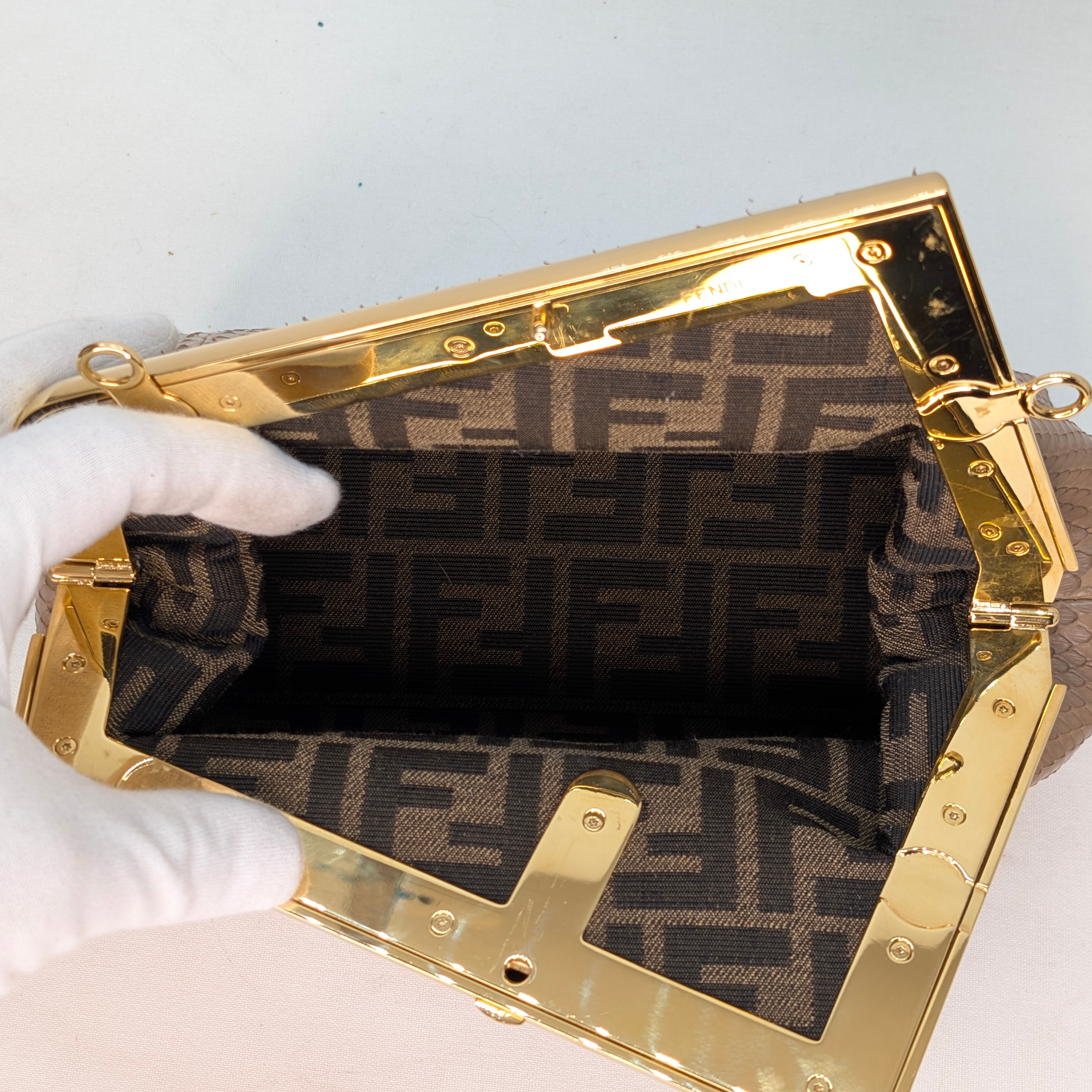 Fendi First Bag Clutch Small Full Snake Python Dark Beige
