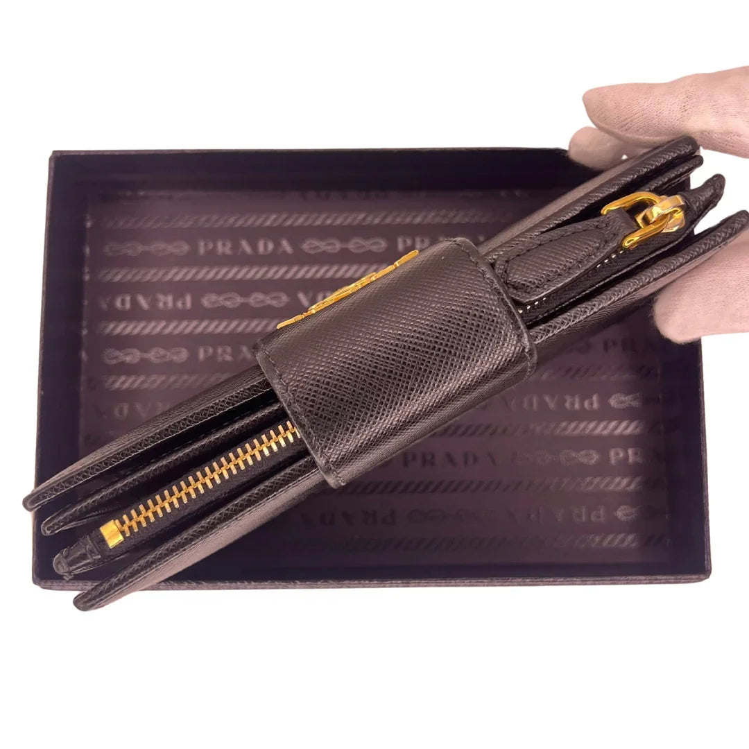 Prada Saffiano Metal Leather Continental Wallet Black - Lost Designer