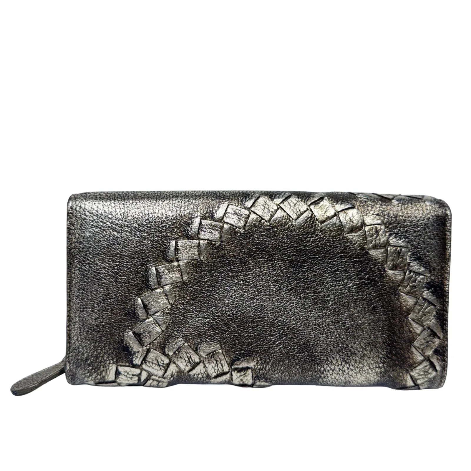 Bottega Veneta Metallic Pewter Woven and Pebbled Leather Long Wallet - Lost Designer