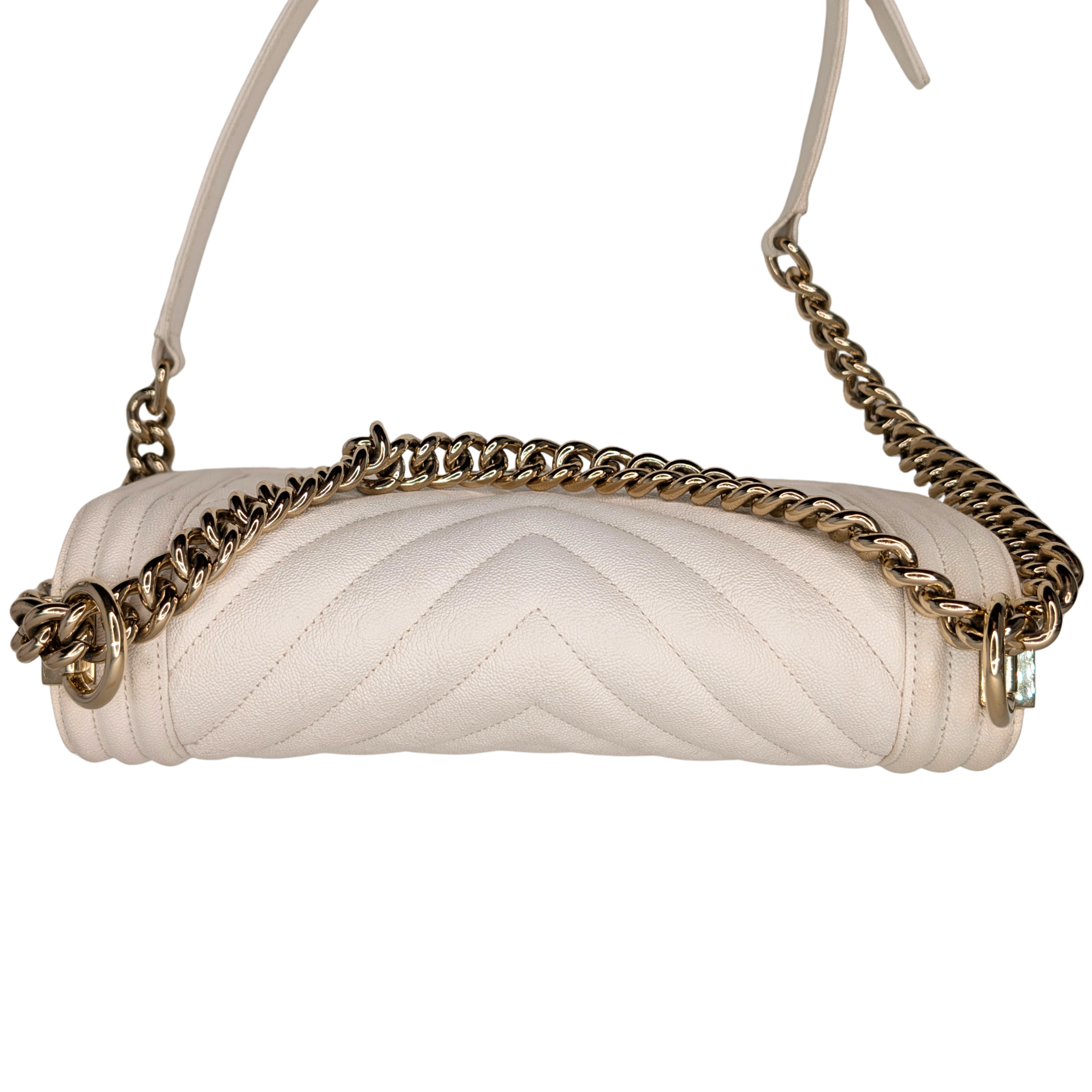 Chanel Caviar Chevron Quilted New Medium Boy Flap White