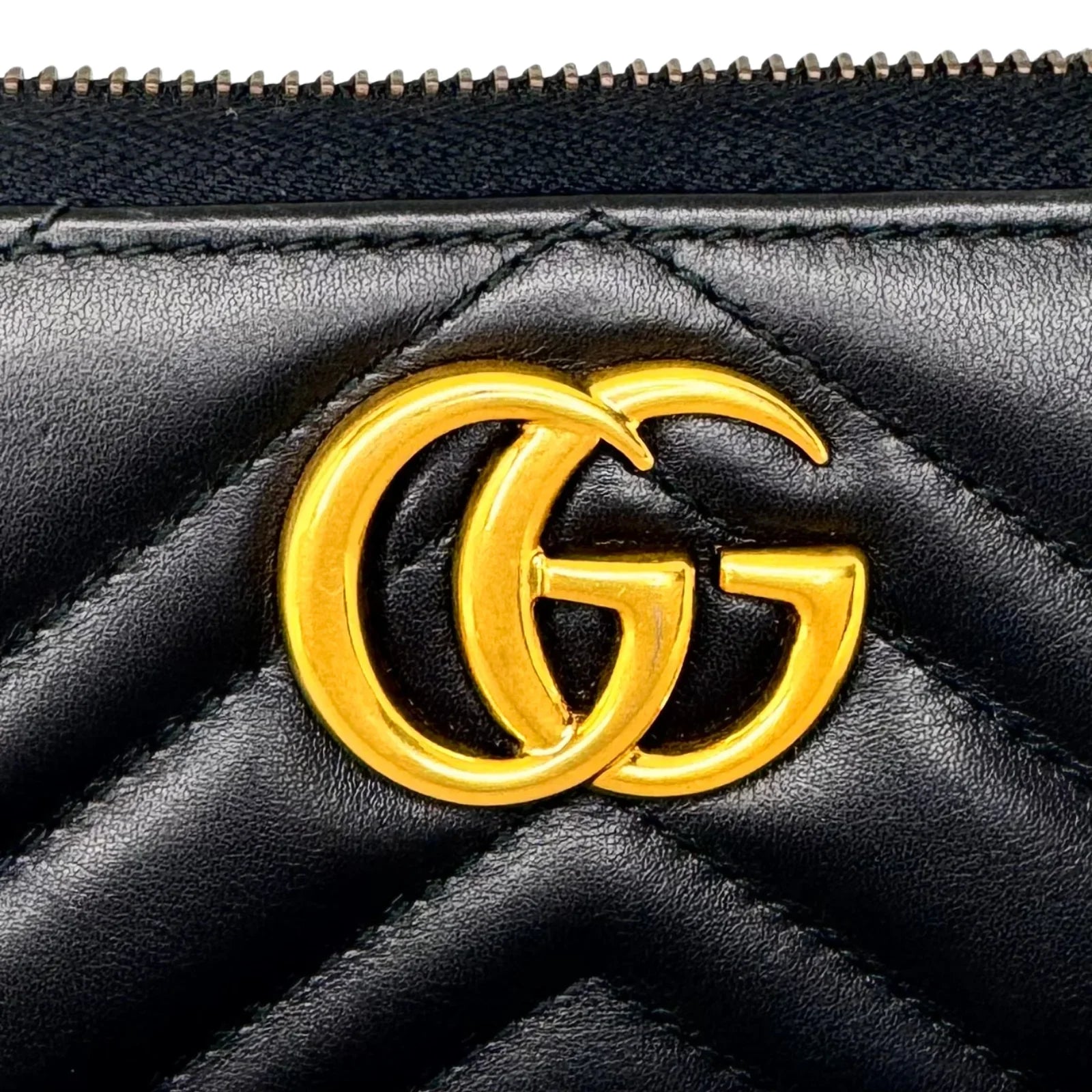 Gucci GG Marmont Zip-Around Long Wallet Black Matelassé Chevron Leather - Lost Designer