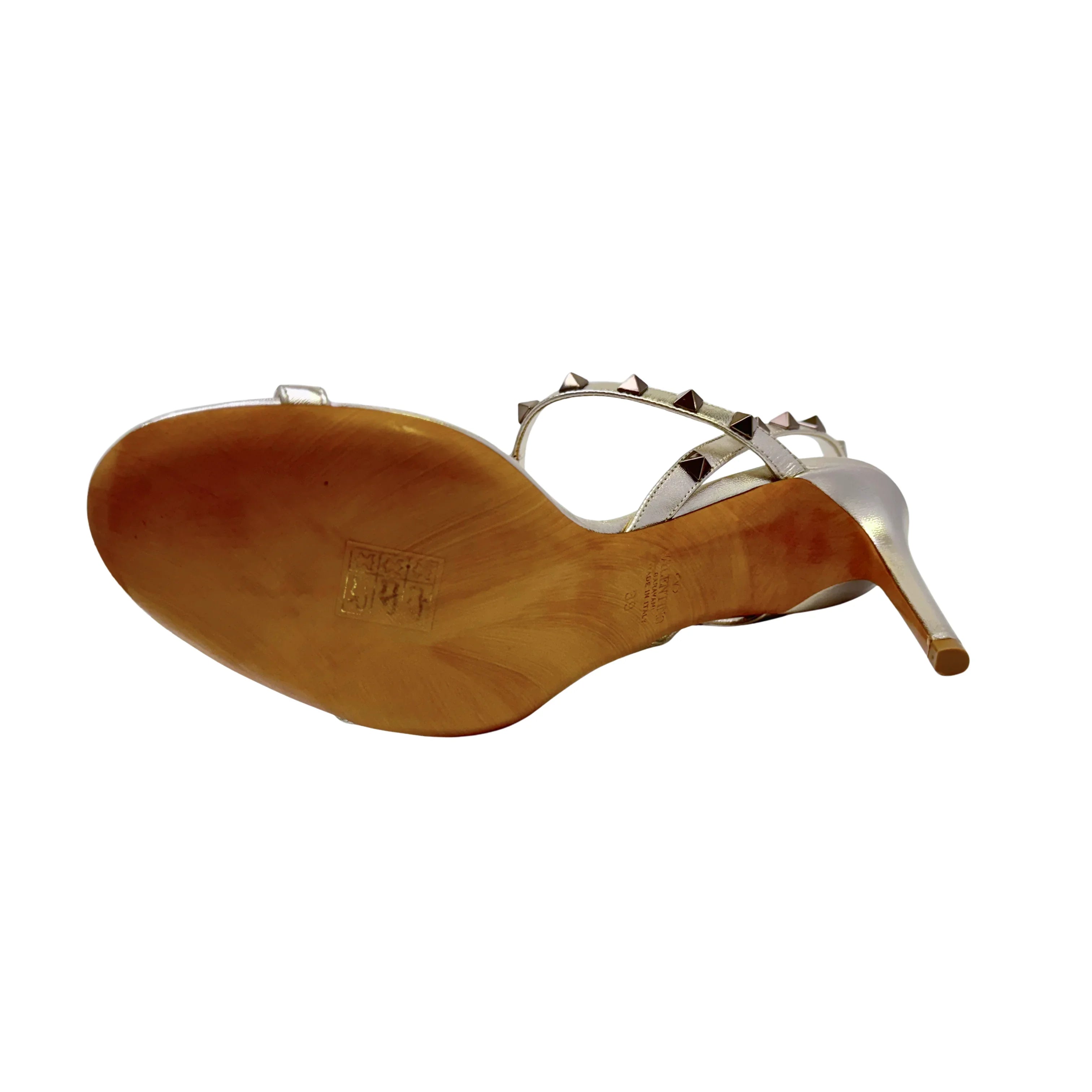 Valentino Metallic Nappa Rockstud T-Strap Slingback Sandals Heels, 39 - Lost Designer
