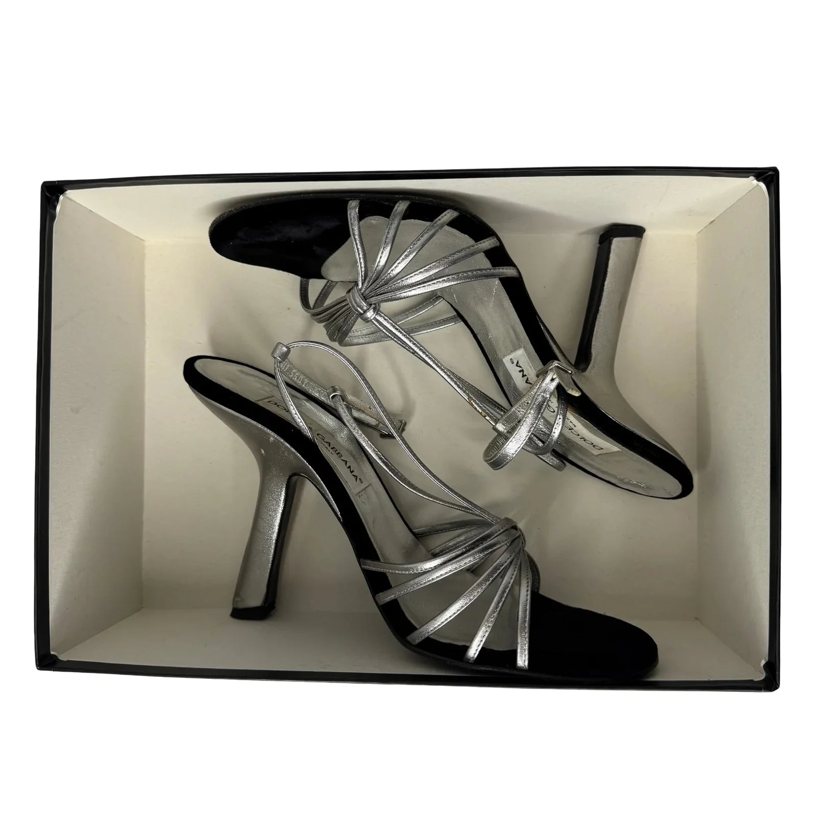 DOLCE & GABBANA Silver Metallic & Black Velvet Strappy Heels - Size 39.5 - Lost Designer