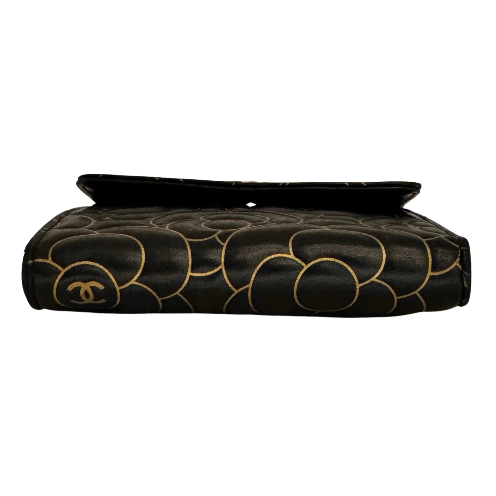 Chanel Lambskin Camellia Embossed Wallet in Black & Gold - Lost Designer