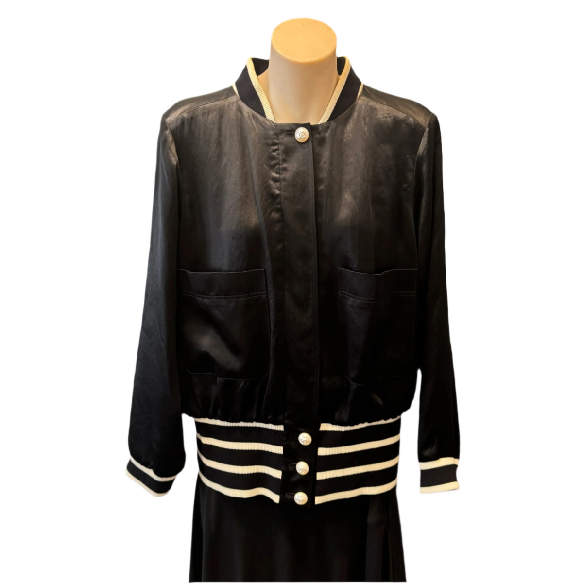 Chanel Bomber Striped Jacket Black Size 44 - Lost Designer