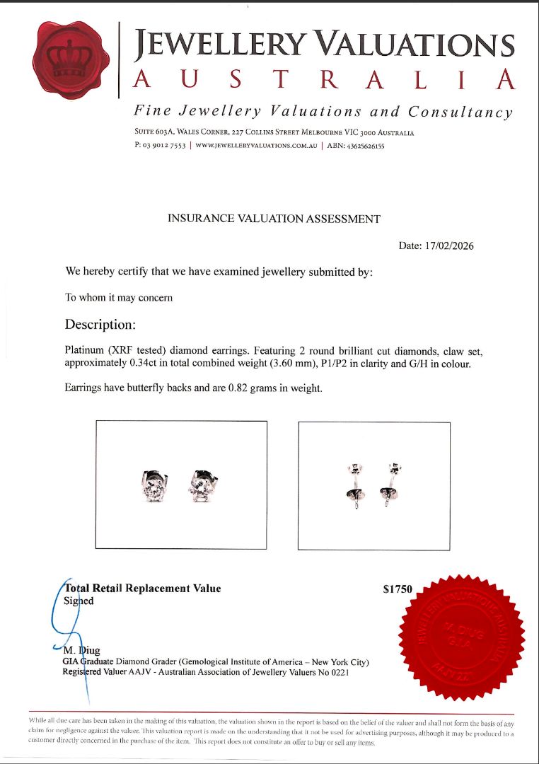 0.34Ct Round Brilliant Cut Natural Diamond Stud Earrings In Platinum