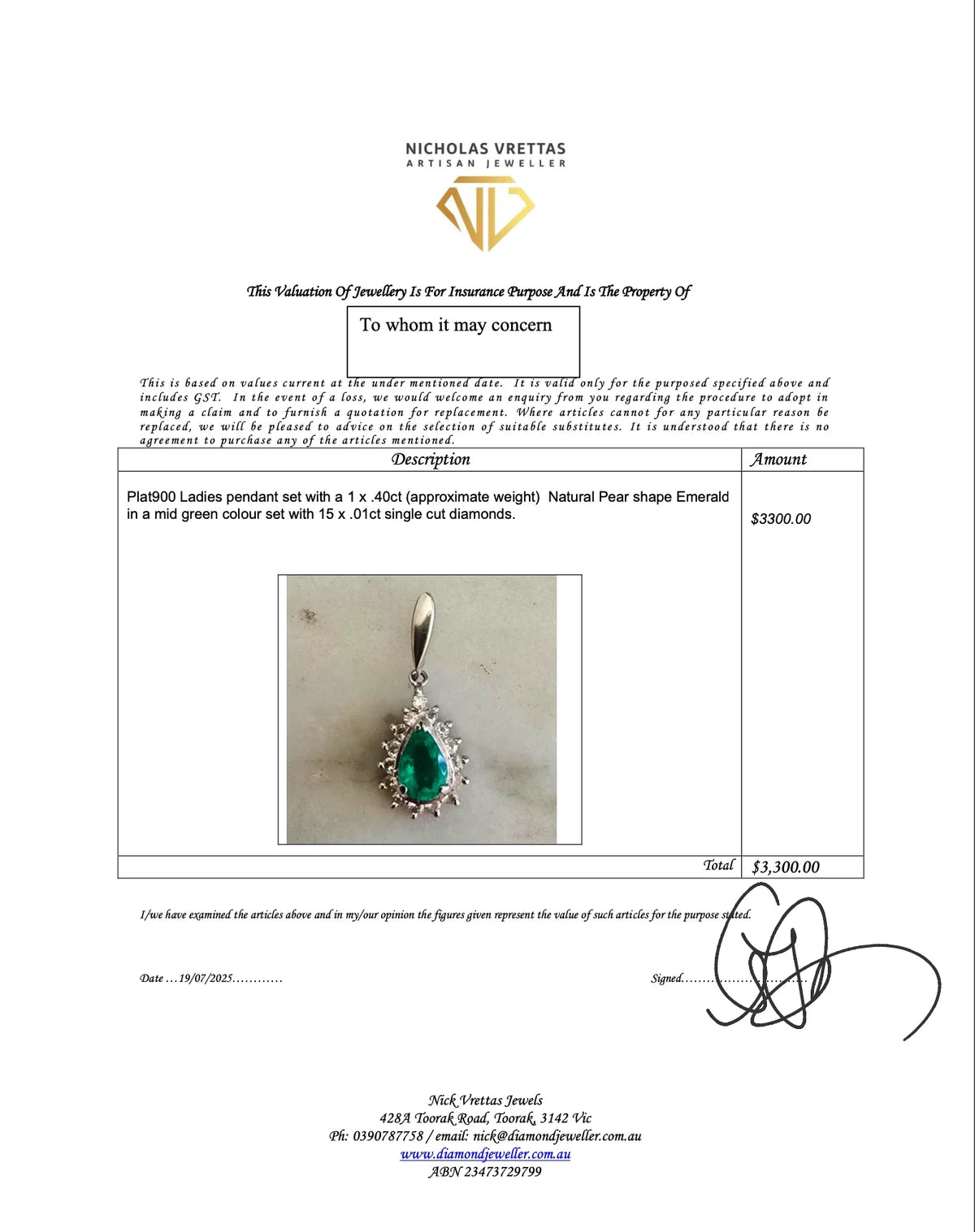 Platinum 900 Natural Emerald 0.40ct & Diamond 0.15ct Pear Halo Pendant - Lost Designer